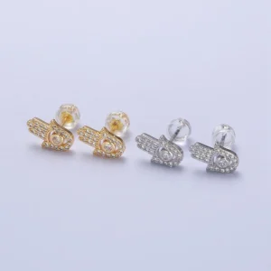 Clear Micro Paved Cz Hamsa Hand Evil Eye Mini Stud Earrings in Gold & Silver