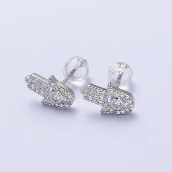 Clear Micro Paved Cz Hamsa Hand Evil Eye Mini Stud Earrings in Gold & Silver - Image 3