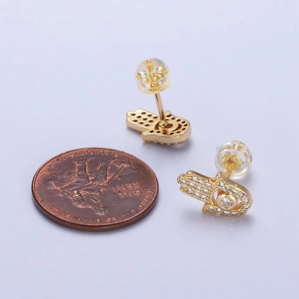 Clear Micro Paved Cz Hamsa Hand Evil Eye Mini Stud Earrings in Gold & Silver - Image 4