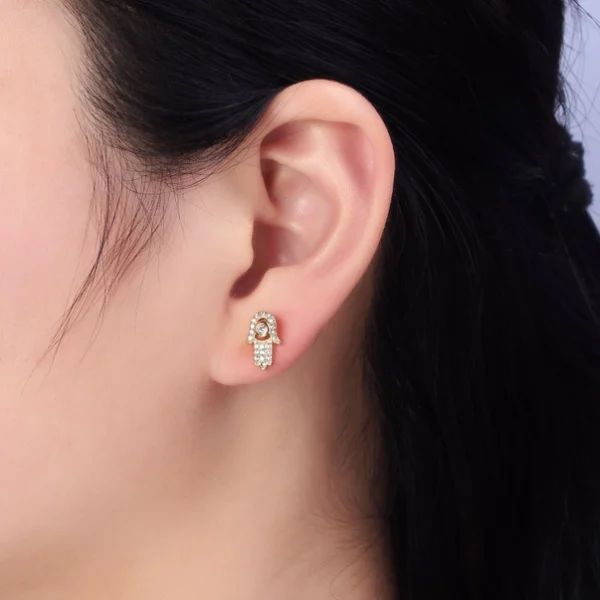 Clear Micro Paved Cz Hamsa Hand Evil Eye Mini Stud Earrings in Gold & Silver - Image 5