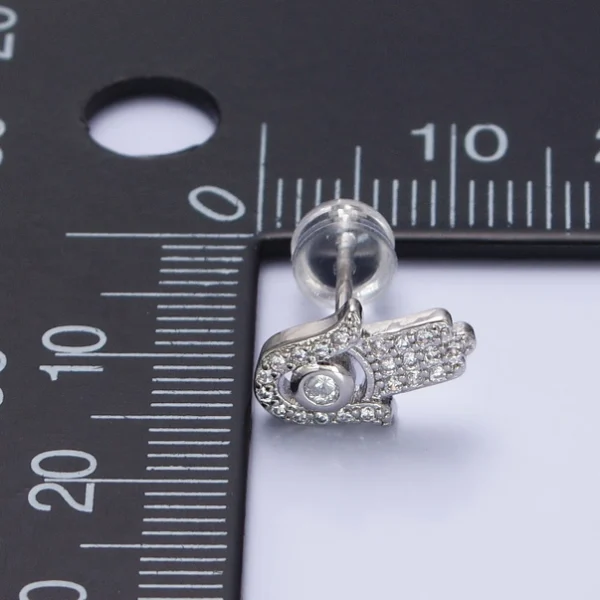 Clear Micro Paved Cz Hamsa Hand Evil Eye Mini Stud Earrings in Gold & Silver - Image 6