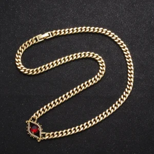 Bold Statement Gold Curb Chain Necklace Cz Evil Eye Charm