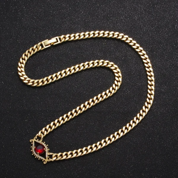 Bold Statement Gold Curb Chain Necklace Cz Evil Eye Charm - Image 2