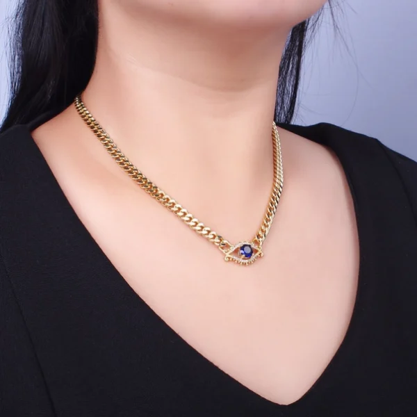 Bold Statement Gold Curb Chain Necklace Cz Evil Eye Charm - Image 3