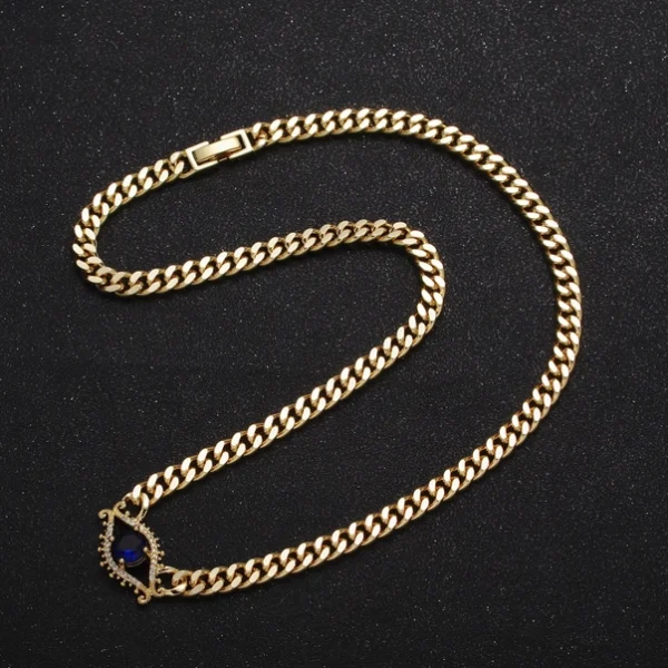 Bold Statement Gold Curb Chain Necklace Cz Evil Eye Charm - Image 4