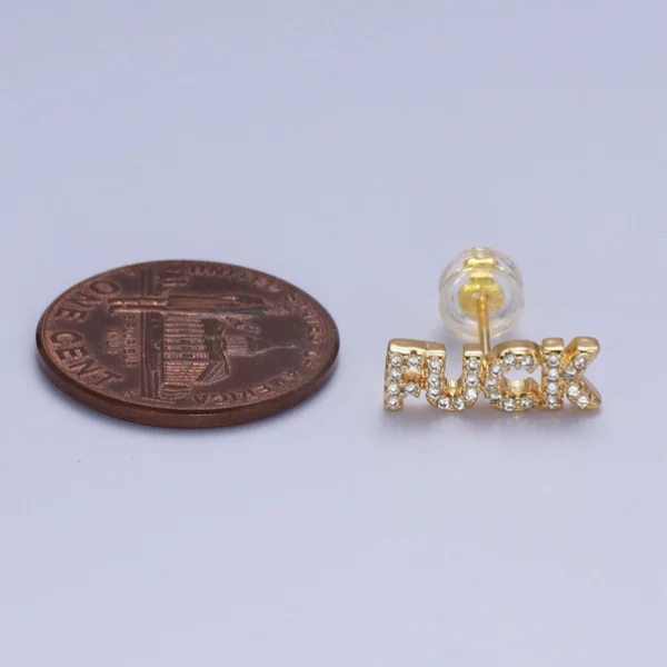 Dainty 16K Gold Filled "Fuck" Script Micro Paved Cz Stud Earrings | Y273 - Image 2