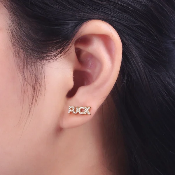 Dainty 16K Gold Filled "Fuck" Script Micro Paved Cz Stud Earrings | Y273 - Image 4