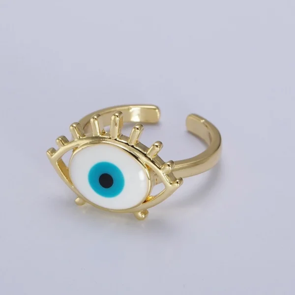 Elegant Minimalist White Blue Gold Framed Evil Eye Ring