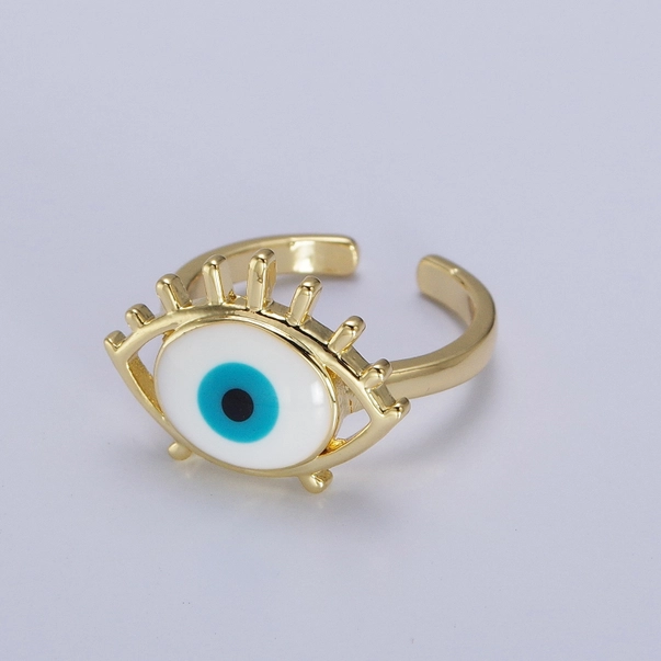 Elegant Minimalist White Blue Gold Framed Evil Eye Ring - Image 2