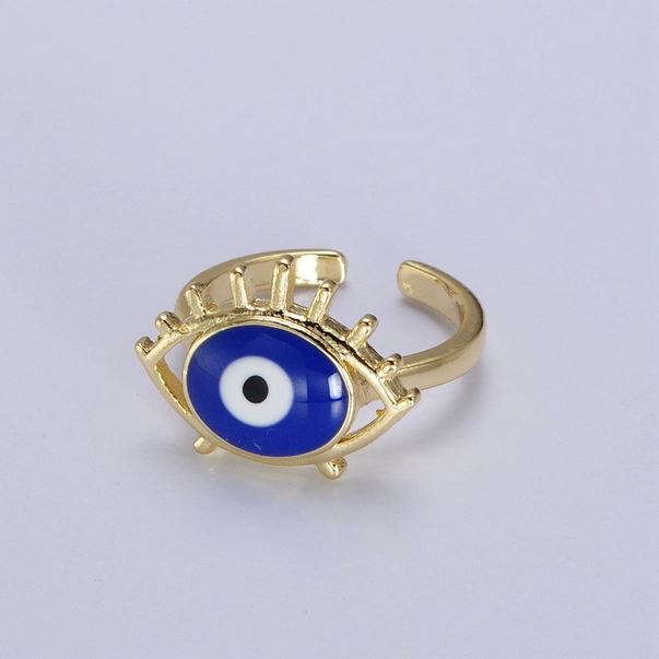Elegant Minimalist White Blue Gold Framed Evil Eye Ring - Image 3