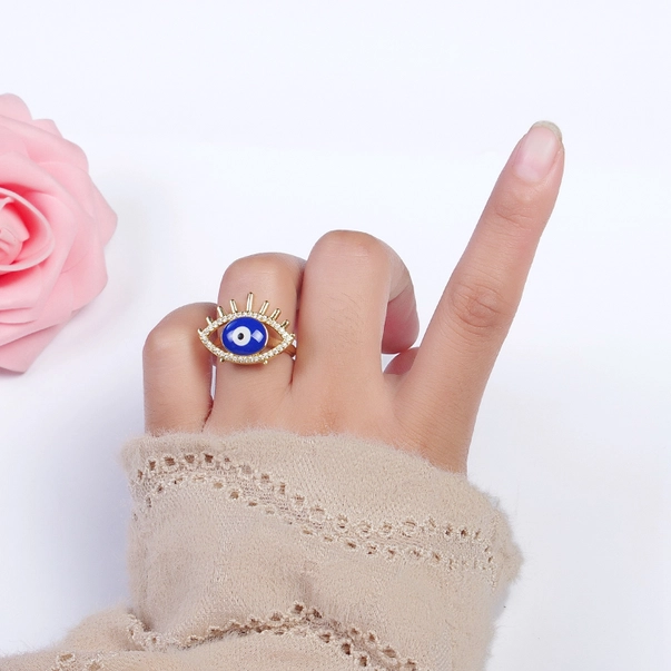 Elegant Minimalist White Blue Gold Framed Evil Eye Ring - Image 5
