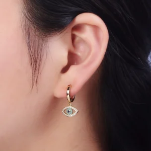 Evil Eye Charm Hoop Earrings 16K Gold Filled Y066