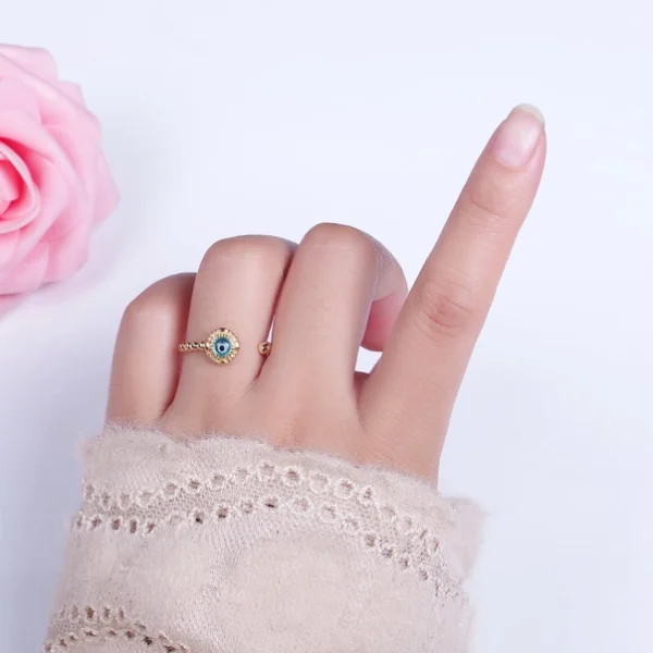 Gold Beaded Evil Eye Green Red Teal Blue Resin Adjustable Ring Protection Jewelry - Image 9