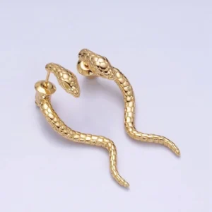 Gold Filled Snake Serpent Textured Wavy Drop Stud Earrings