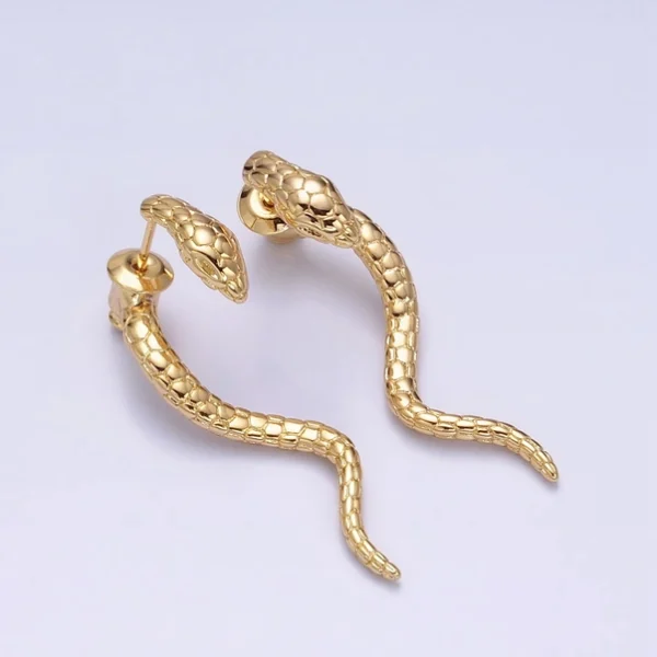 Gold Filled Snake Serpent Textured Wavy Drop Stud Earrings - Image 2