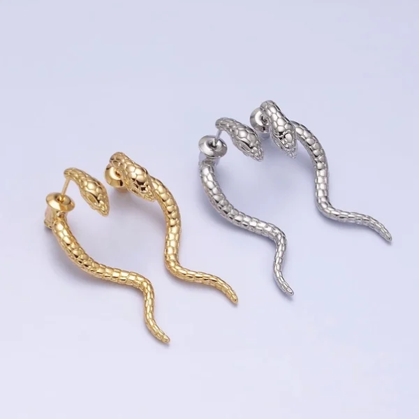 Gold Filled Snake Serpent Textured Wavy Drop Stud Earrings