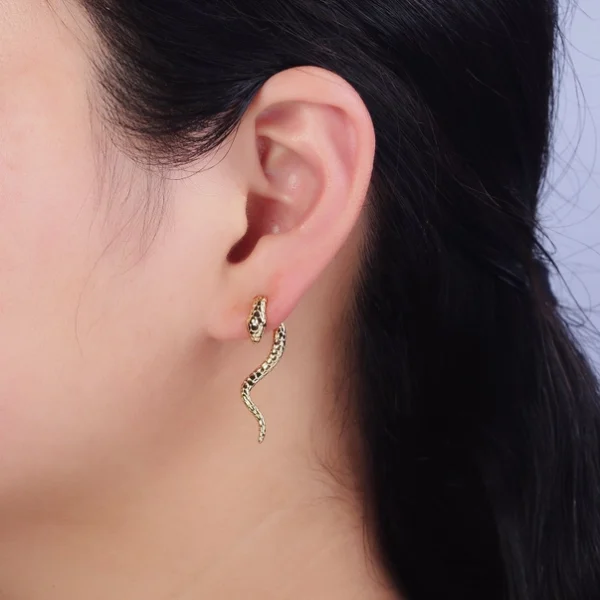 Gold Filled Snake Serpent Textured Wavy Drop Stud Earrings - Image 4