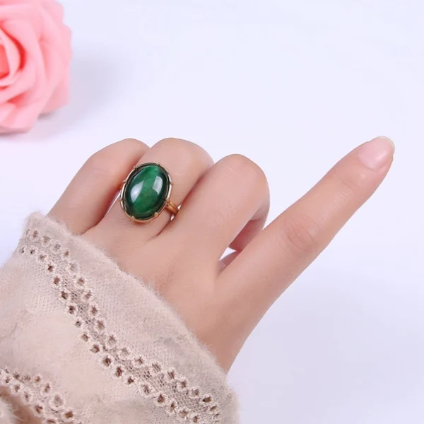 Gold Green Tiger Eye Rings | Oval Gemstone Signet Ring | Gold Gem Stone Rings | Chunky Gold Statement Ring U-370 - Image 2