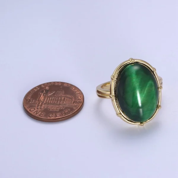 Gold Green Tiger Eye Rings | Oval Gemstone Signet Ring | Gold Gem Stone Rings | Chunky Gold Statement Ring U-370 - Image 4