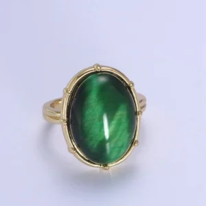 Gold Green Tiger Eye Rings | Oval Gemstone Signet Ring | Gold Gem Stone Rings | Chunky Gold Statement Ring U-370