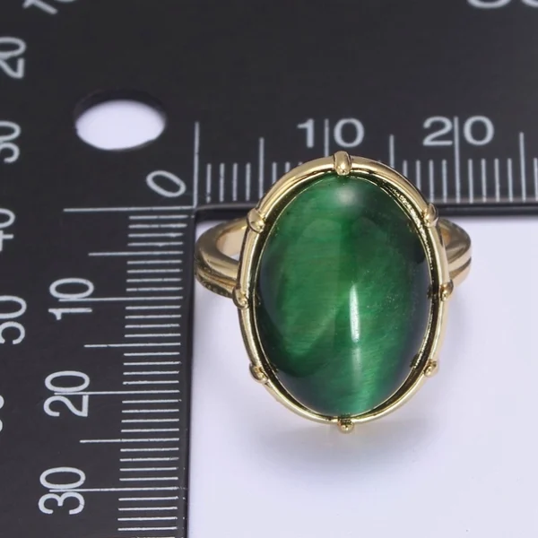 Gold Green Tiger Eye Rings | Oval Gemstone Signet Ring | Gold Gem Stone Rings | Chunky Gold Statement Ring U-370 - Image 5