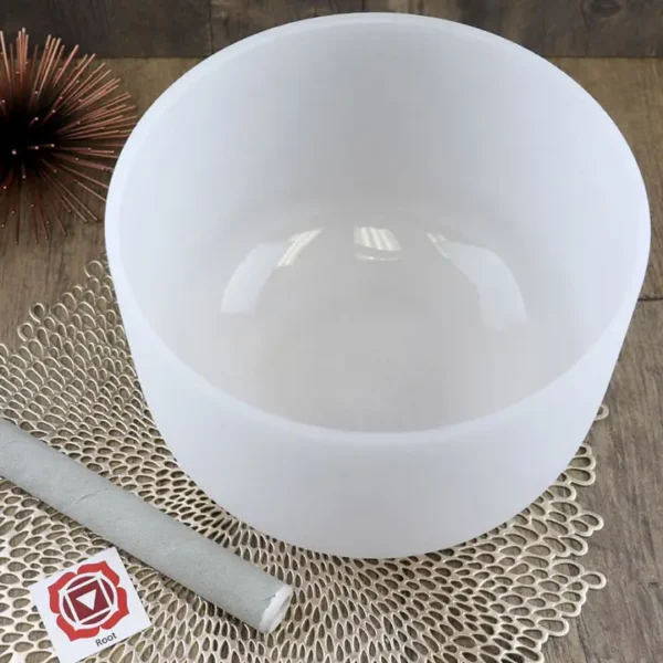 10" Frosted Chakra Quartz Singing Bowl with mallet. 99.9% of the pure Quartz crystal is used to create this magnificent bowl. This bowl is used for sound healing and is tuned to heal your chakras. 432 HZ Note c is tuned for ROOT chakra red. Sound is Do.