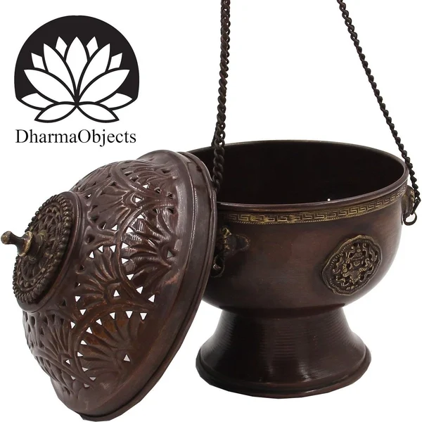 Tibetan Hanging Incense Burner ~ Copper W/Tibetan Symbols ~ 6” High