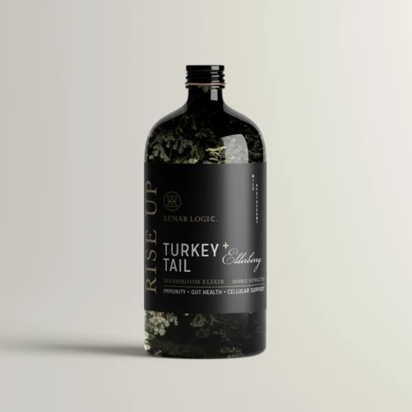 DOUBLE EXTRACTED | SUPER-CONCENTRATED | 120 DOSES A vibrant, beautiful mushroom, Turkey Tail reveals every color of the rainbow—reflecting our universal connectedness. Its medicinal powers touch us on a physical, mental, and emotional level, helping to energize, support, and nourish our natural defenses. Revered as a powerful Qi (energy) and Jing (essence) tonifier for thousands of years, regular use of Turkey Tail works wonders for general weakness, depletion of spirit, and longevity. In combination with Elderberries, this vital elixir offers fortitude and strength in the midst of day-to-day stressors. FORMULA Organic Turkey Tail (Trametes versicolor) mushroom fruitbody/mycelium, and organic Elderberries. Extracted in artesian well cane spirits, pure spring water, and organic vegetable glycerin. Product details • Made in United States • Weight: 204.12 g (7.2 oz)